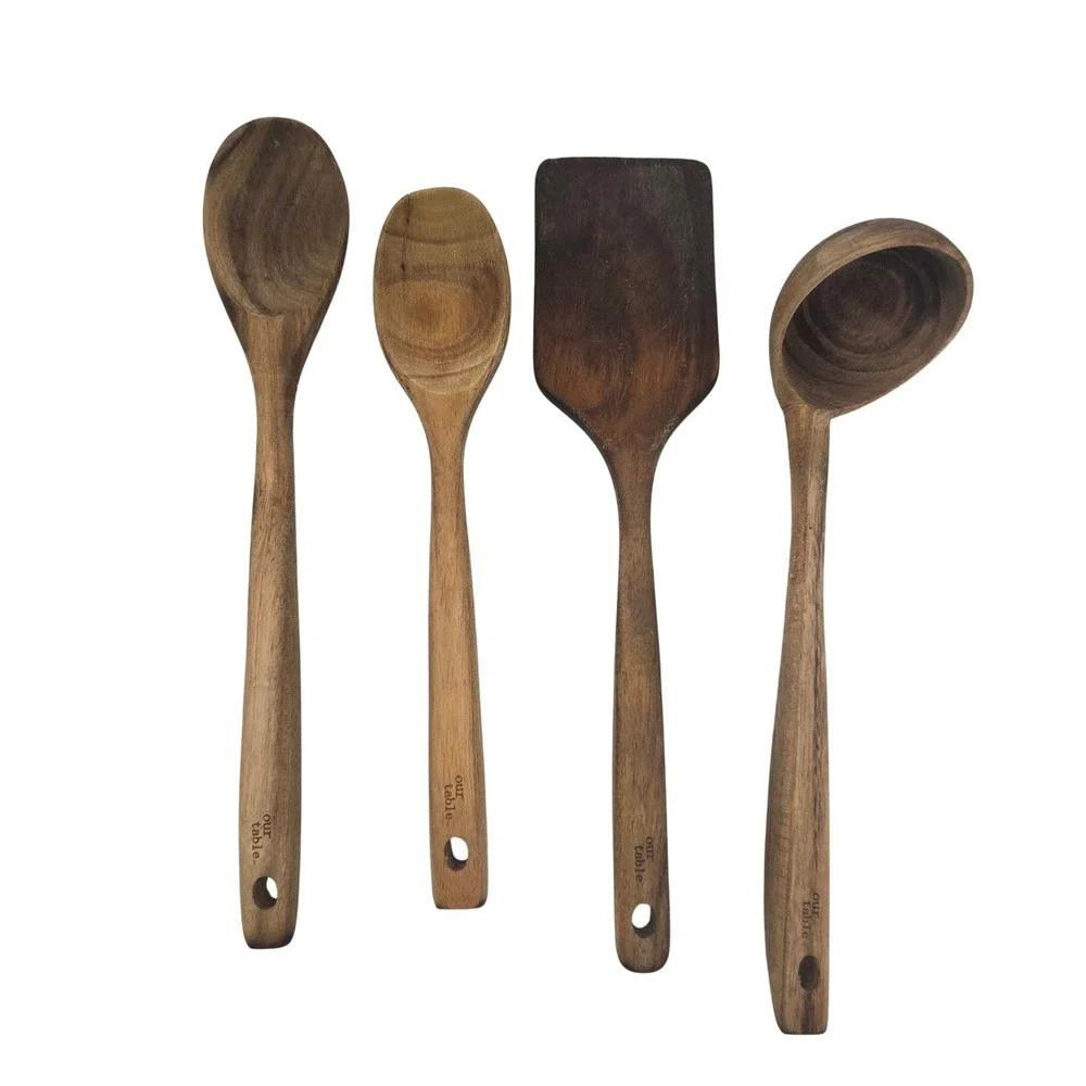 Our Table 4 Piece Acacia Wood Kitchen Utensil Set Spatula Spoon Ladle Brown